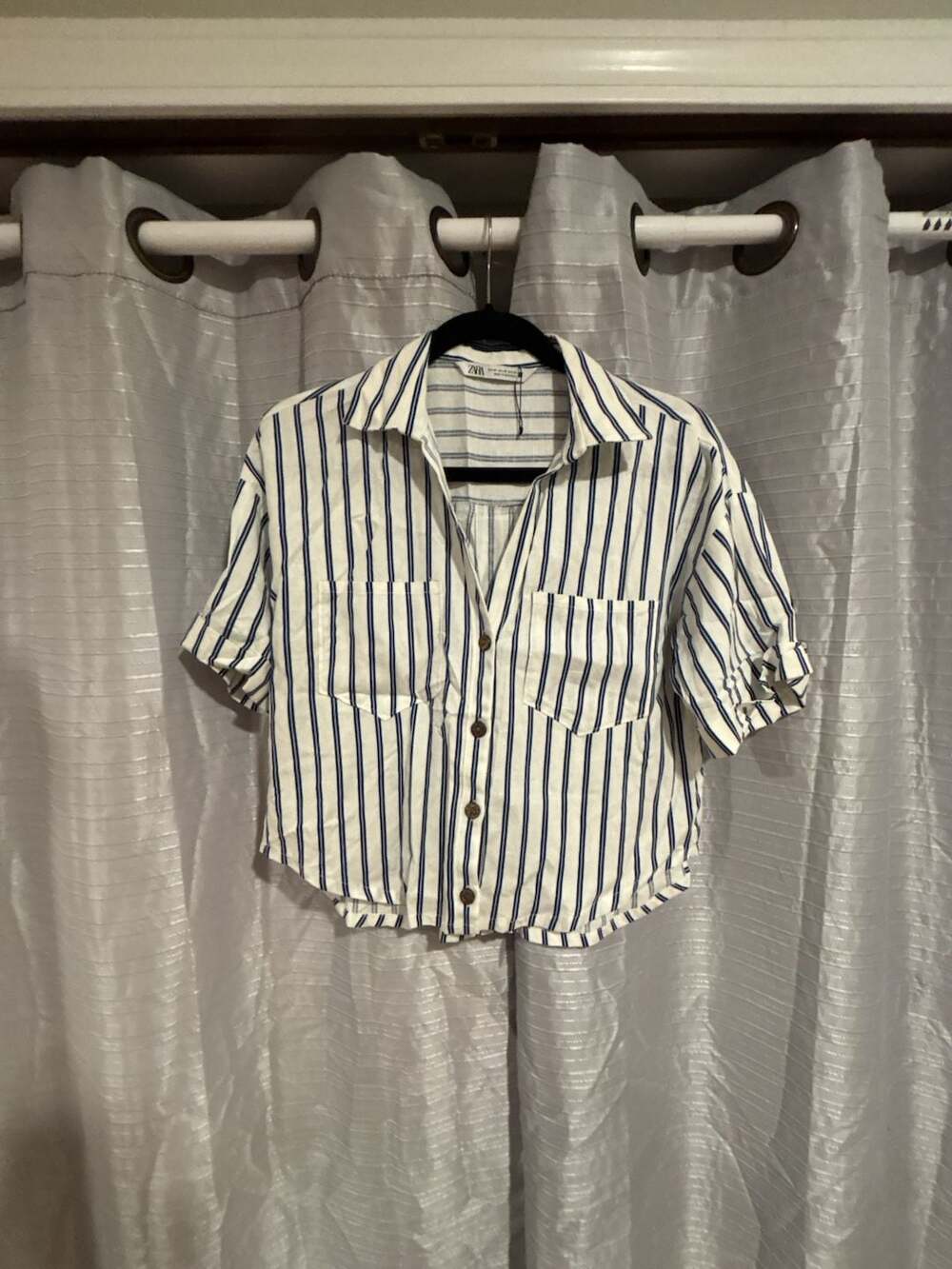 Zara Striped Short Sleeve Crop Shirt Size XS Blue White